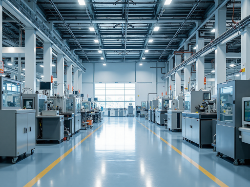 Factory overview showing modern manufacturing equipment, clean industrial environment, overhead view of production floor, well-organized workspace